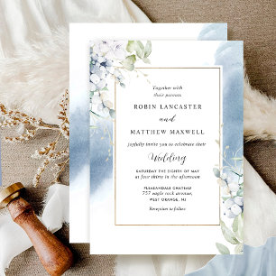 Elegant White, Pale Blue Floral Watercolor Wedding Invitation