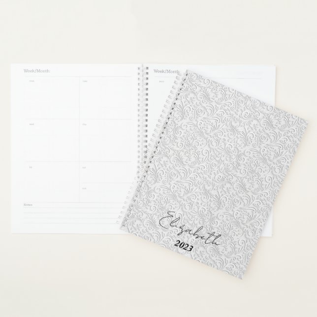 Elegant white pattern personalized, custom year planner (Display)