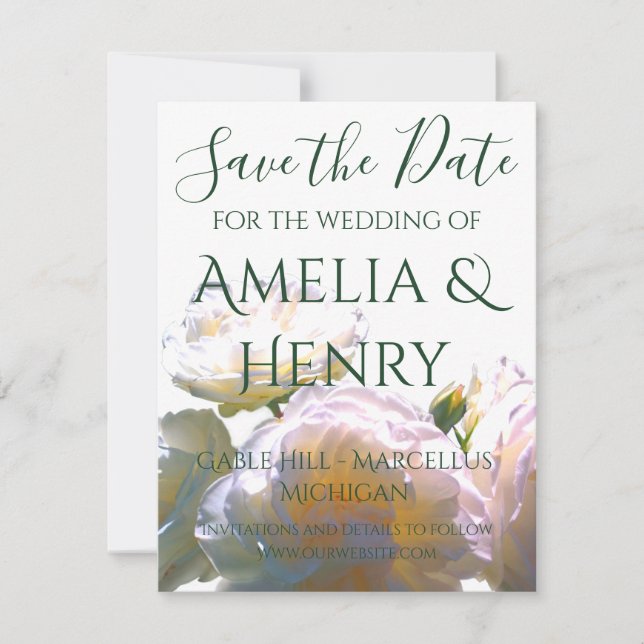 Elegant white peach orange blush roses save the date (Front)