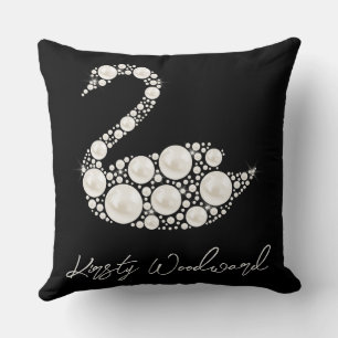 Elegant White Pearl Swan on Black Background Throw Pillow