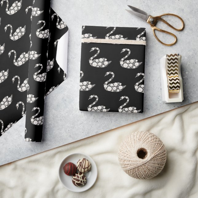 Elegant White Pearl Swan on Black Background Wrapping Paper (Crafts)