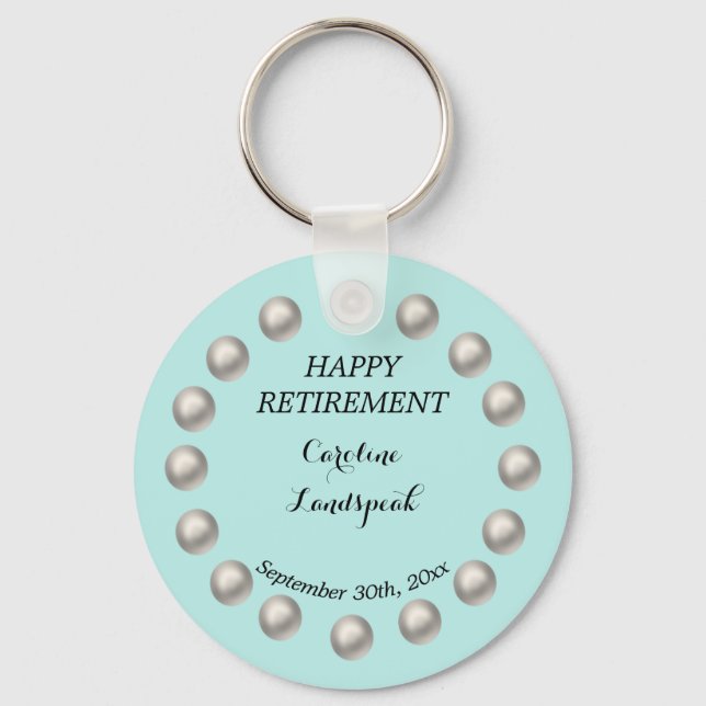 Elegant White Pearls for Happy Retirement Keychain (Front)