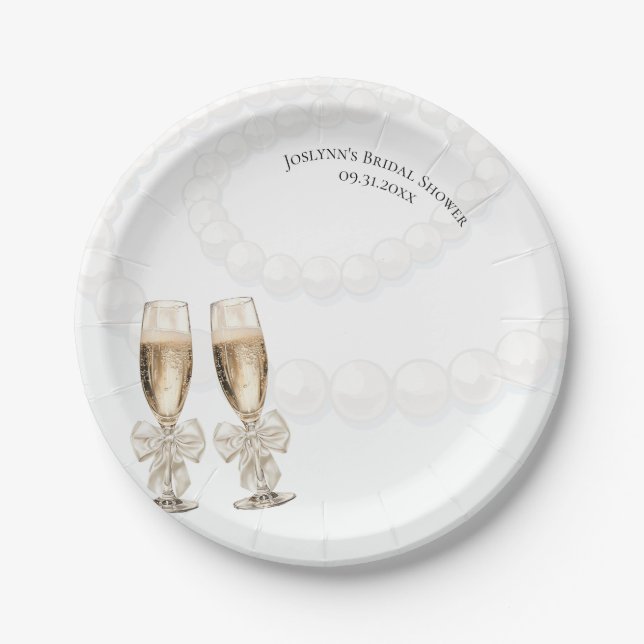 Elegant White Pearls & Prosecco Bridal Shower  Paper Plate (Front)