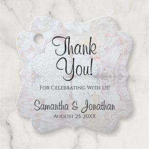 Elegant White Peonies & Hearts Wedding Thank You  Favour Tags