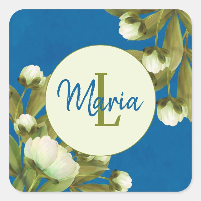 Elegant White Peonies with Blue Painted Floral Square Sticker (Front)