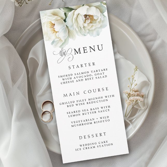 Elegant White Peony Floral Wedding Menu (Créateur téléchargé)