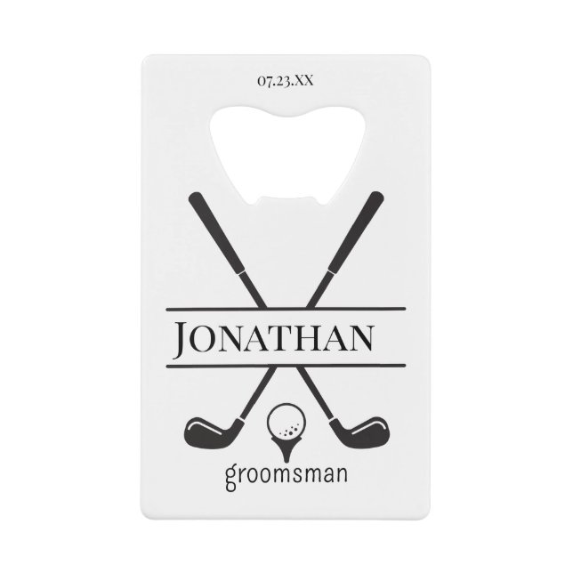 Elegant White Personalized Groomsmen Golf Clubs Credit Card Bottle Opener (Front)