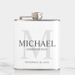 Elegant White Personalized Groomsmen Hip Flask<br><div class="desc">Add a personal touch to your wedding with personalized groomsmen flask.
This flask features personalized groomsman's name with title and wedding date in grey and monogram in light grey as background,  in classic serif font style,  on white background.

Also perfect for best man,  father of the bride and more.</div>