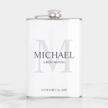 Elegant White Personalized Groomsmen Hip Flask<br><div class="desc">Add a personal touch to your wedding with personalized groomsmen flask.
This flask features personalized groomsman's name with title and wedding date in grey and monogram in light grey as background,  in classic serif font style,  on white background.

Also perfect for best man,  father of the bride and more.</div>