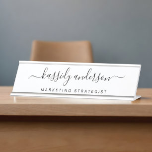 Elegant White Personalized Name Script Calligraphy Desk Name Plate