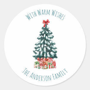 Elegant White Personalized Snowy Christmas Tree Classic Round Sticker