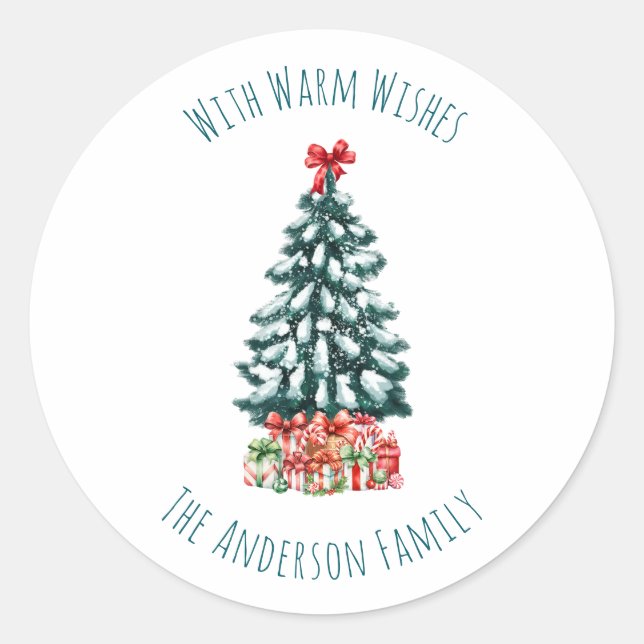 Elegant White Personalized Snowy Christmas Tree Classic Round Sticker (Front)