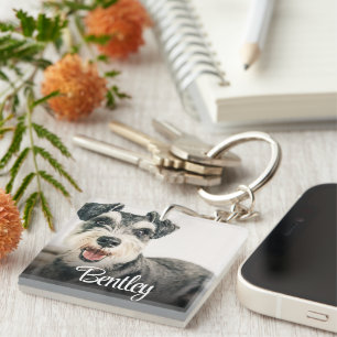 Elegant White Pet Portrait Personalized Name Keychain