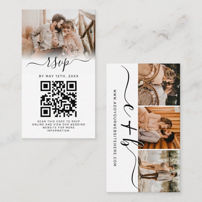 Elegant White Photo Monogram Wedding QR Code RSVP Business Card (Front/Back)