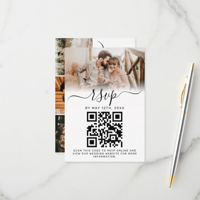 Elegant White Photo Monogram Wedding QR Code RSVP Card (Front/Back In Situ)