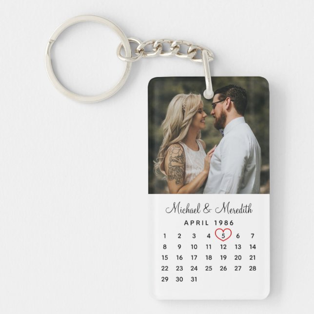 Elegant White Photo Wedding Anniversary Calendar Keychain (Front)