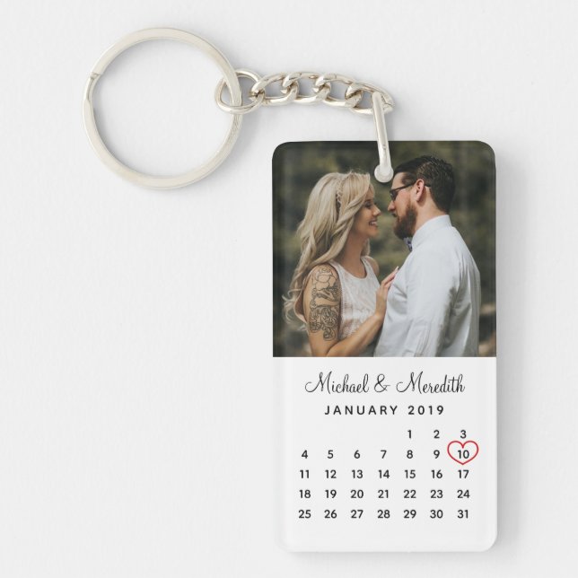 Elegant White Photo Wedding Anniversary Calendar   Keychain (Front)