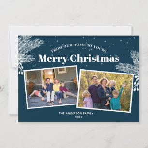 Elegant White Pine on Dark Blue 2 Photos Christmas Holiday Card