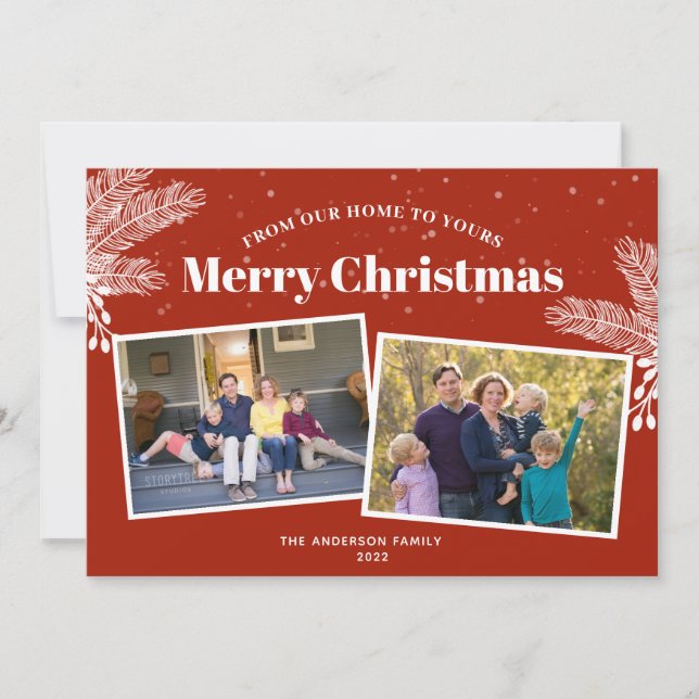 Elegant White Pine on Dark Red 2 Photos Christmas Holiday Card (Front)