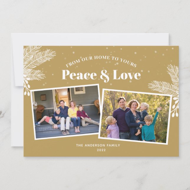 Elegant White Pine on Gold 2 Photos Christmas Holiday Card (Front)