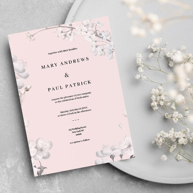 Elegant white pink cherry blossom floral Wedding Invitation (Elegant white pink cherry blossom floral Wedding )
