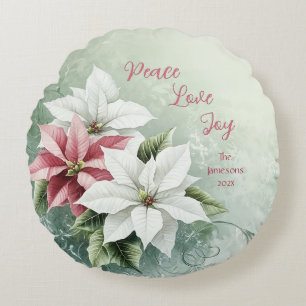 Elegant White Pink Christmas Poinsettias Round Pillow