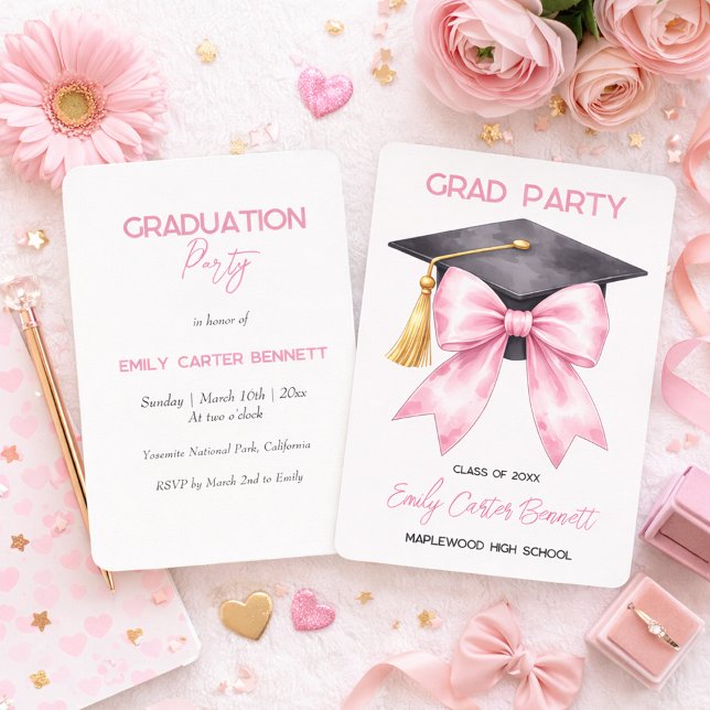 Elegant White Pink Coquette Bow Girly Graduation Invitation (Creator Uploaded)