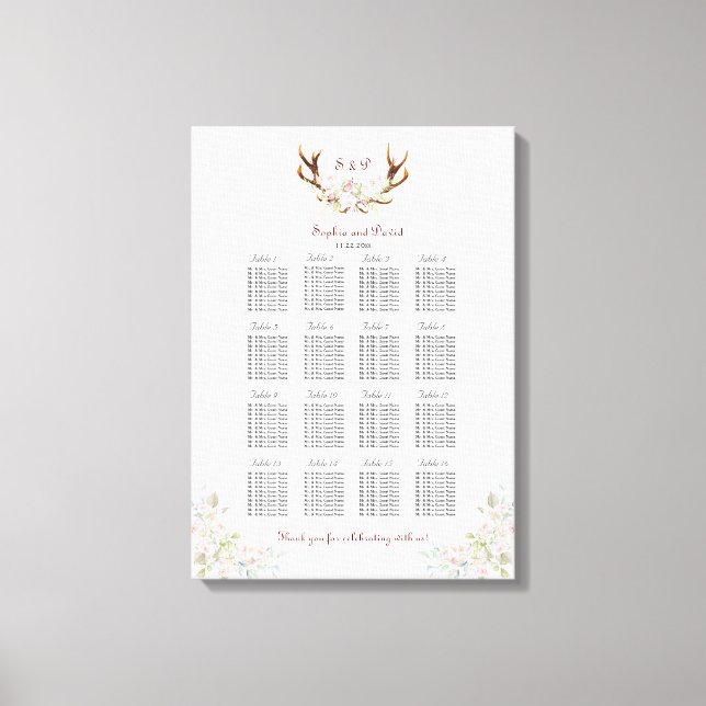 Elegant White Pink Flowers Antlers Seating Chart Canvas Print (Front)