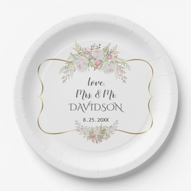 Elegant White Pink Flowers Gold Frame Wedding Paper Plate (Front)