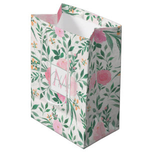 Elegant White Pink Flowers Watercolor Floral Medium Gift Bag