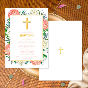 Elegant White Pink Hydrangeas Gold Cross Baptism Invitation
