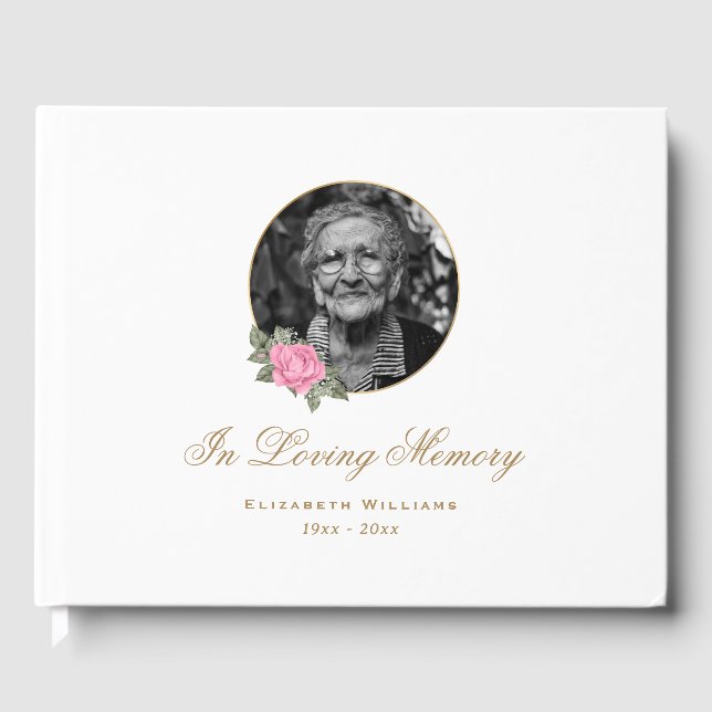 Elegant White Pink Rose Floral Funeral Photo Guest Book (Front)