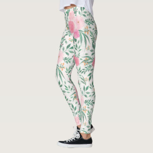 Elegant White Pink Rose Floral watercolor Painting Leggings