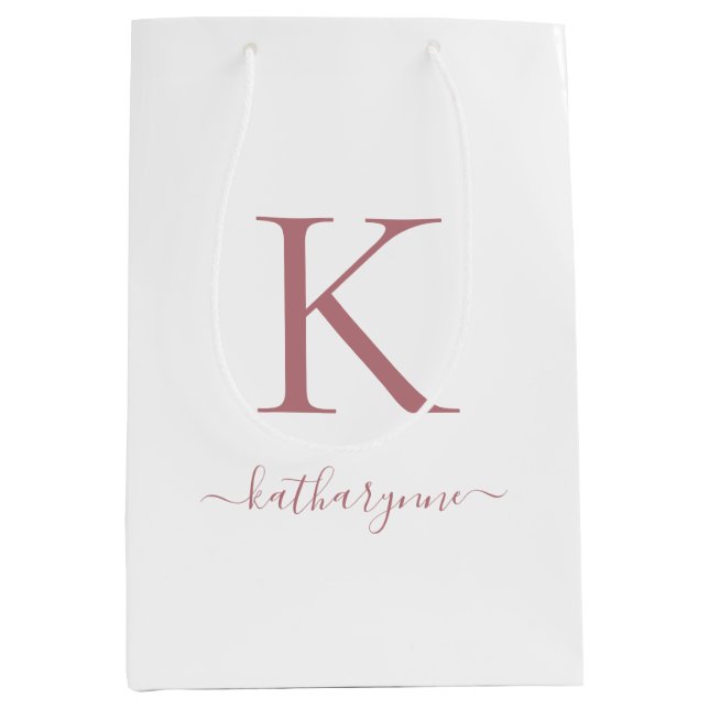 Elegant White Pink Rose Gold Monogram Name Medium Gift Bag (Front)