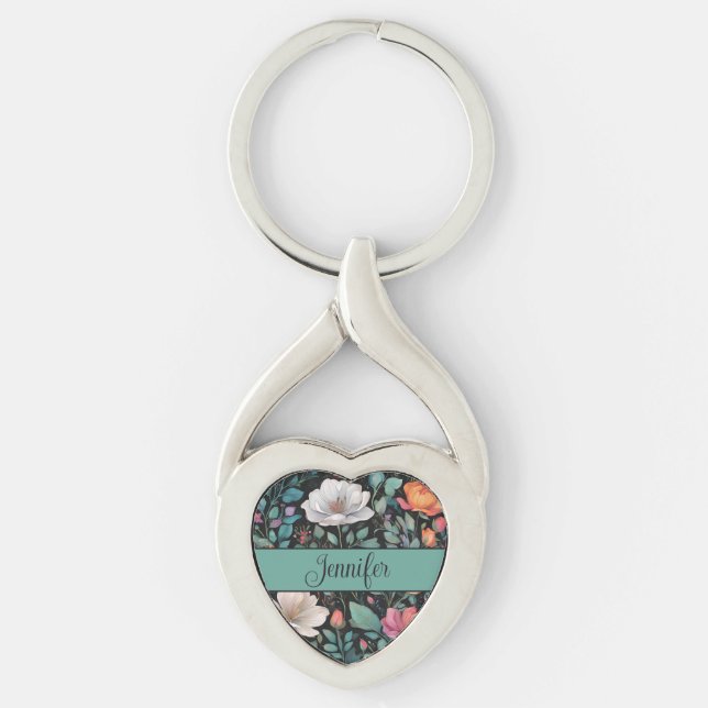 Elegant White Pink Rose Personalized Keychain (Front)