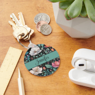 Elegant White Pink Rose Personalized Keychain