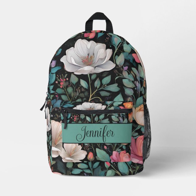 Elegant White Pink Rose Personalized Printed Backpack (Front)