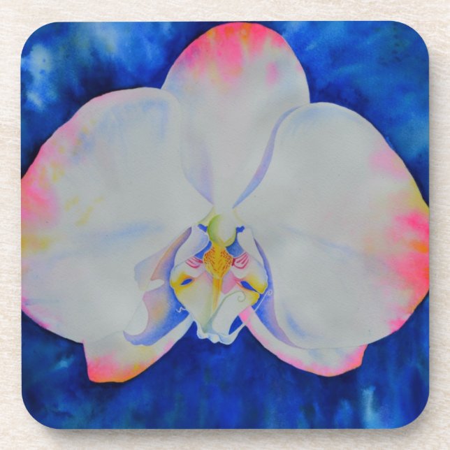 Elegant white pink watercolor floral orchid  coaster (Front)