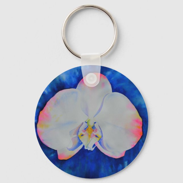 Elegant white pink watercolor floral orchid  keychain (Front)