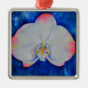 Elegant white pink watercolor floral orchid metal ornament