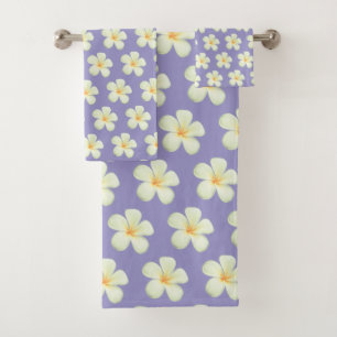 Elegant White Plumeria Flowers on Silver Grey Bath Towel Set
