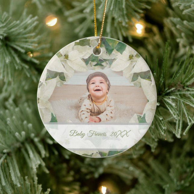Elegant White Poinsettia Baby Photo Ceramic Ornament (Tree)