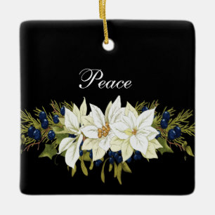 Elegant White Poinsettia Christmas Name & Date  Ceramic Ornament