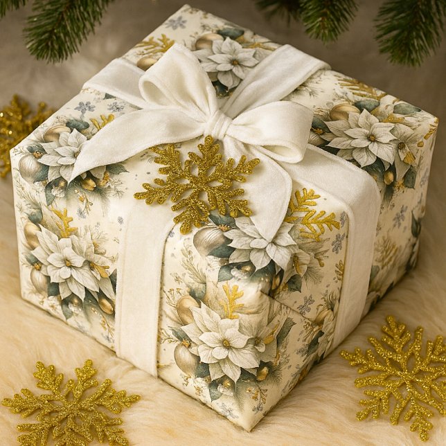Elegant White Poinsettia Christmas  Wrapping Paper (Elegant holiday gift wrapped in poinsettias and velvet, with gold snowflakes)