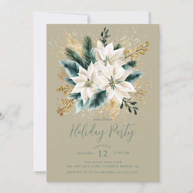 Elegant White Poinsettia Holiday Party Invite (Front)