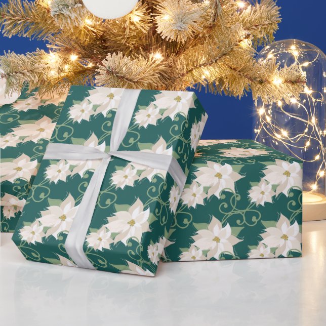 Elegant White Poinsettia Teal Christmas Wrapping Paper (Holidays)