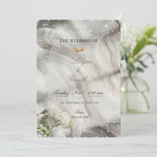 Elegant White Polka Dot Tulle & Gold Rings Wedding Invitation