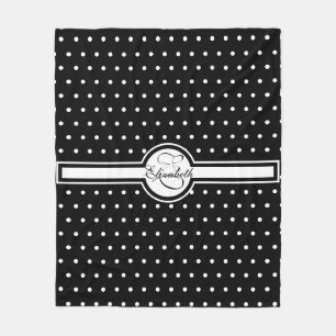Elegant White Polka Dots on Black Monogram Fleece Blanket