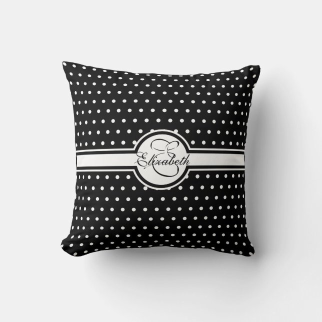 Elegant White Polka Dots on Black Monogram Throw Pillow (Front)