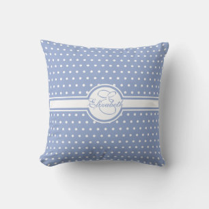 Elegant White Polka Dots on Blue Monogram Throw Pillow